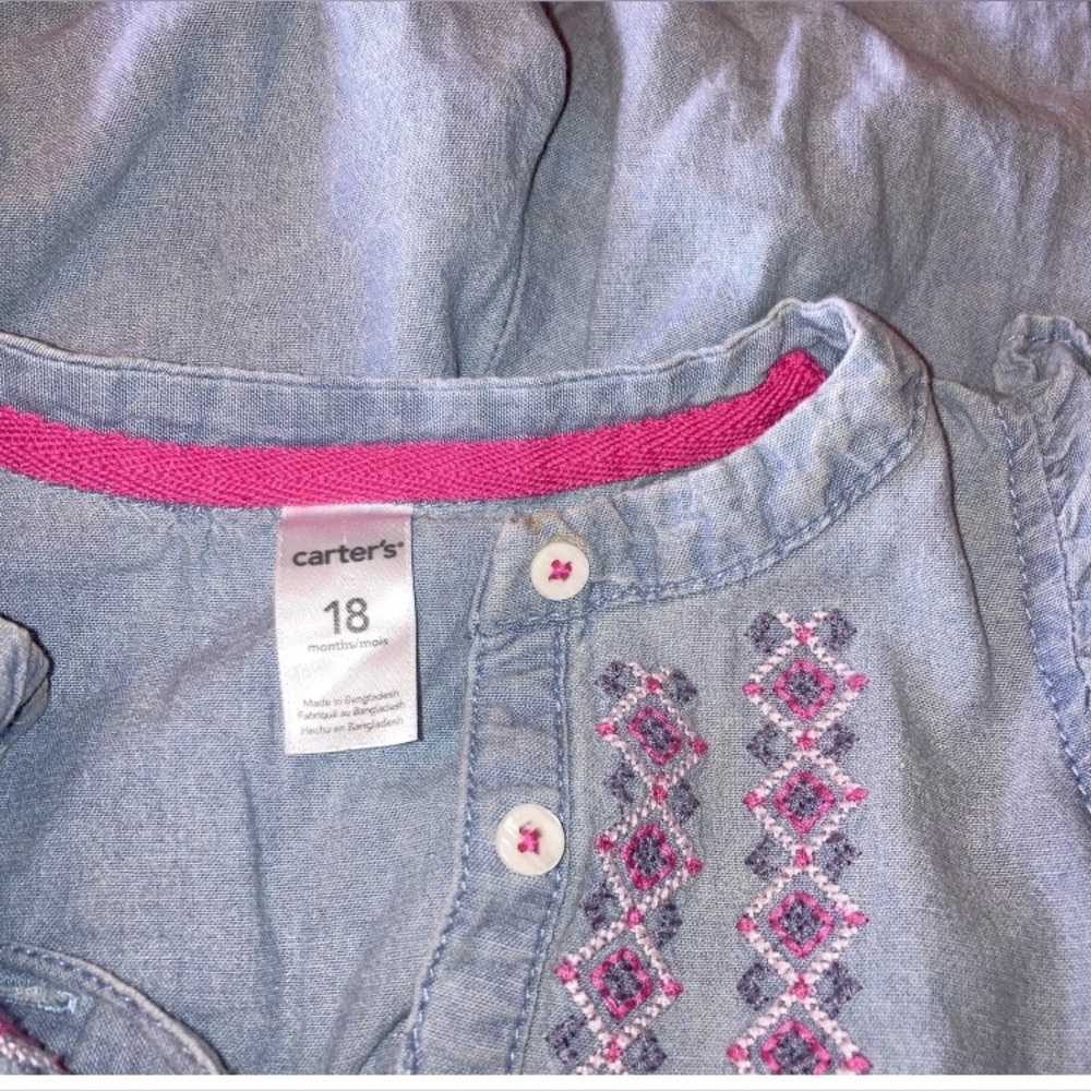Baby Girl CARTER’S blue Chambray Sleeveless One Piece Jumpsuit Sz 18m Euc Pink - Picture 3 of 3